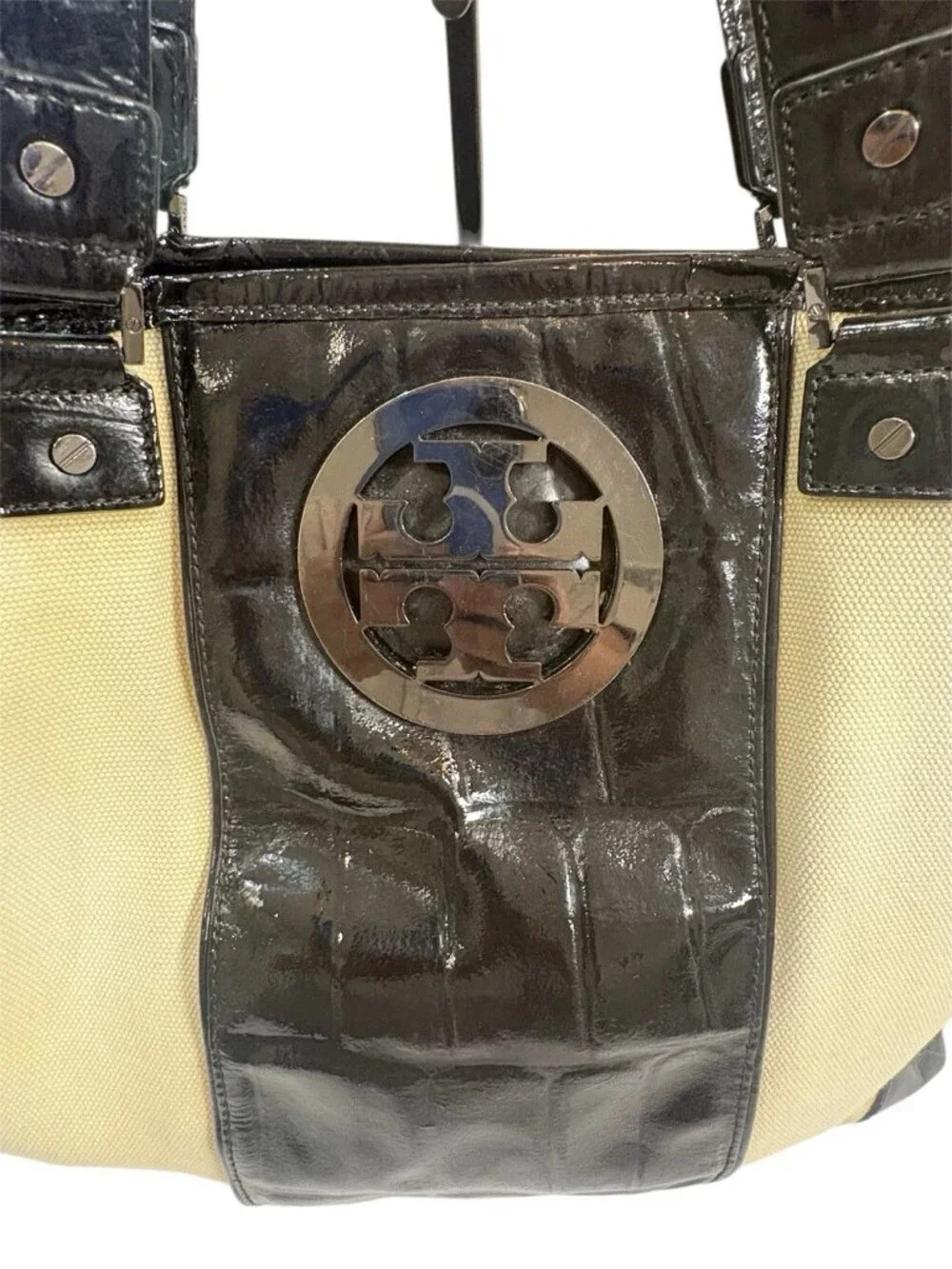 TORY BURCH PATENT LEATHER/CANVAS TOTE 13”H X 16W